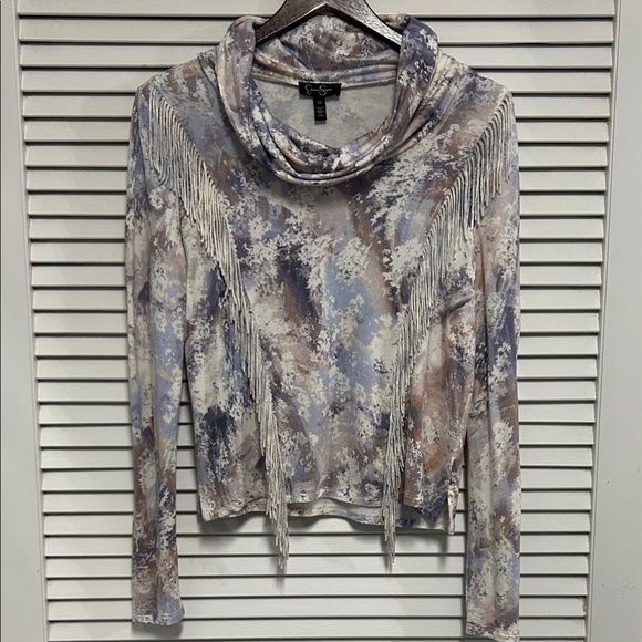 Jessica Simpson Tops - Jessica Simpson Western Cowl Neck Long Sleeve Top with Fringe Blues and Cream